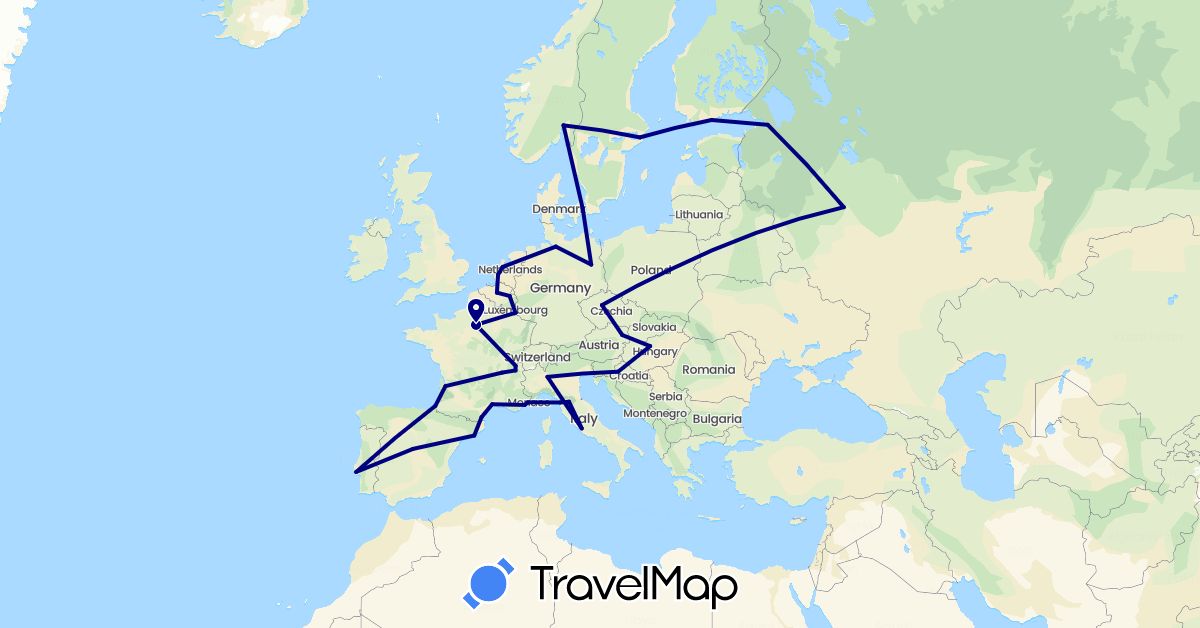 TravelMap itinerary: driving in Austria, Belgium, Switzerland, Czech Republic, Germany, Denmark, Spain, Finland, France, Croatia, Hungary, Italy, Luxembourg, Monaco, Netherlands, Norway, Poland, Portugal, Russia, Sweden (Europe)